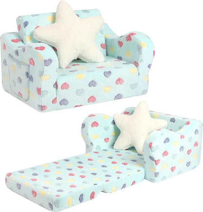 Toddler Couch, 2-in-1 Toddler Soft Couch Fold Out with Star Pillow, Convertible Sofa to Lounger for Girls and Boys, 1-Seat