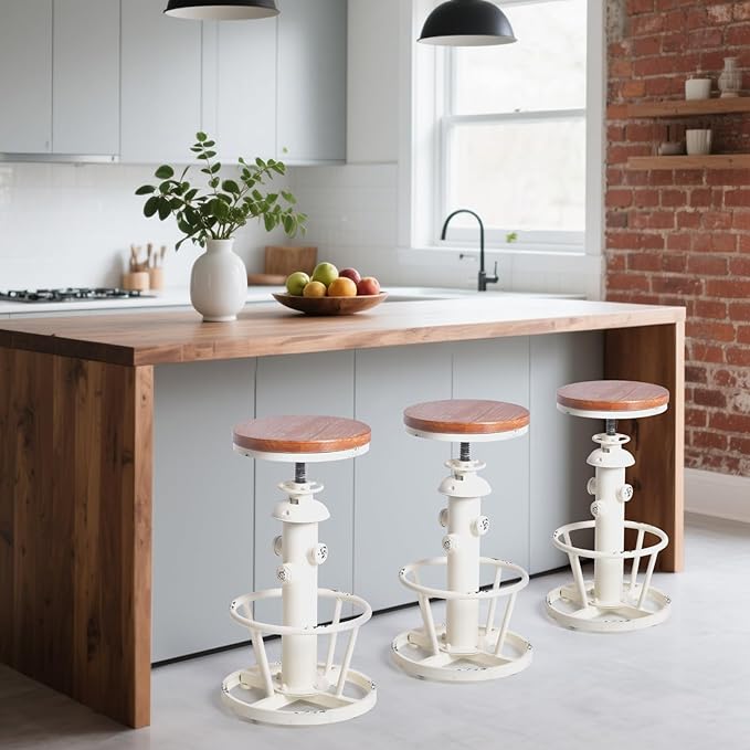 Topower Aged Antique Industrial Round Bottom Adjustable Height Cafe Coffee Retro Vintage Stylish Water Pipe Design Pub Kitchen Bar Stool (Antique White, Wooden Top)