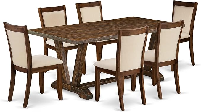 East West Furniture V777MZN32-7 7 Piece Dining Room Table Set Consist of a Rectangle Dining Table with V-Legs and 6 Light Beige Linen Fabric Upholstered Chairs, 40x72 Inch, Multi-Color