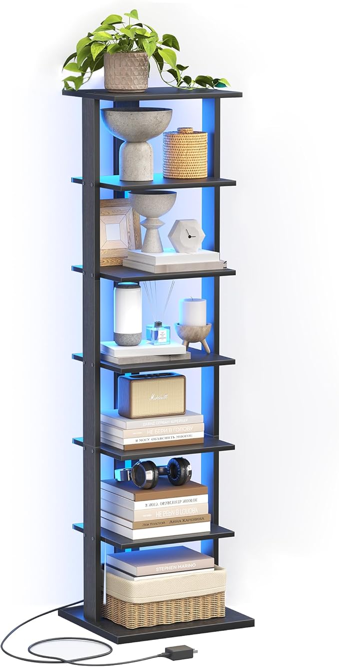 7-Tier Bookshelf, Narrow Bookcase with LED Lights, 47.2 Inch Book Shelf for Small Space, Display Storage Shelf for Living Room, Bedroom, Home Office, Study, Black