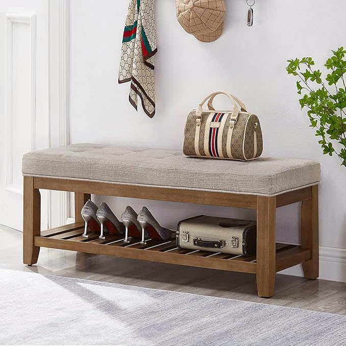 24KF Large Rectangular Upholstered Tufted Linen Fabric Ottoman Bench, Padded Bench with Solid Wood Shelf-Linen