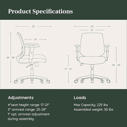 Branch Daily Chair - Vegan Leather Office Chair with Swivel, Lumbar Rest, and Adjustable Armrests - Comfortable Seating for Improved Posture and Productivity - Black