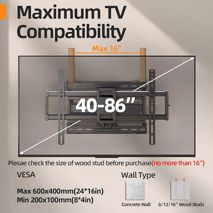 75 85 inch Full Motion TV Wall Mount for 40-86'' TV Mount, Heavy Duty Adjustable articulating Bracket Tilt Swivel Extension Level, VESA 600x400mm, 16" Studs, 132 lbs for 65 70 75+ TVs