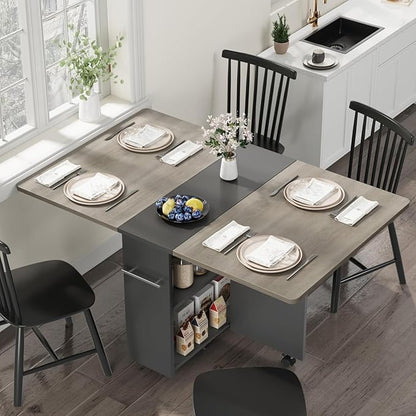 GarveeHome Folding Dining Table, Space Saving Farmhouse Dining Table for 4 Storage Shelf, 6 Wheels Multipose Expandable Kitchen Drop Leaf Table for Small Space (Carlo Grey, 47.2"D x 23.6"W x 29.5"H)