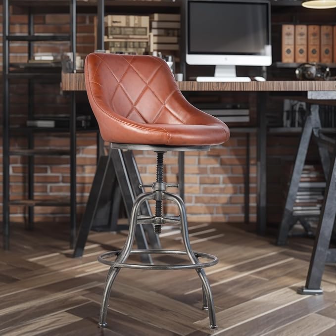 Diwhy Industrial Counter Stool, 22.44"-27.17" Adjustable Height PU Backrest Seat Bar Stool, Vintage Kitchen Dining Chair with Footrest, for Kitchen, Dining Side Chair, Bistro, Brown Leather