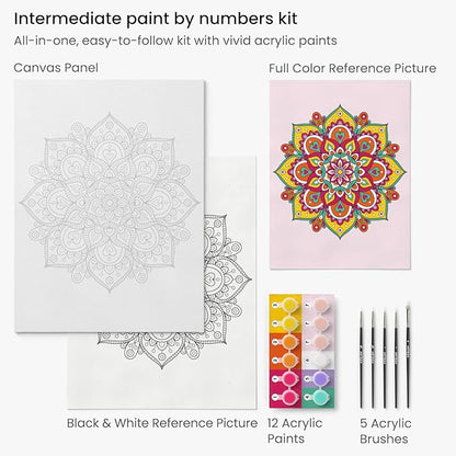 ARTEZA Paint by Number for Adults, 12x16 Inches, 21 Pieces, Mandala Paint by Numbers Kit, Comes with 1 Canvas Panel, 12 Acrylic Paint Pots, 5 Paintbrushes, Art Supplies for Home & Office Wall Decor