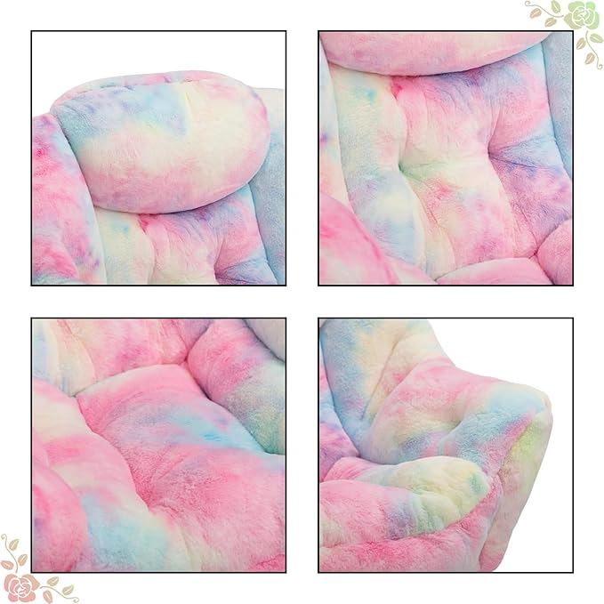 HollyHOME Faux-Fur Lazy Chair with Foldable Ottoman, Accent Comfy Lounge Arm Chair and Folding Footrest Stool Set, Leisure Sofa Reading Chair and Footstool for Living Room, Bedroom, Dorm, Colorful