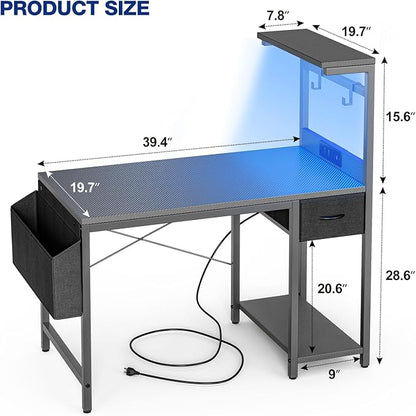 Gaming Desk 40 Inch with Power Outlet and LED Light, Computer Desk with Reversible Shelves and Storage Drawer, Pc Workstation for Home Office with Bag, Carbon Fiber Grey