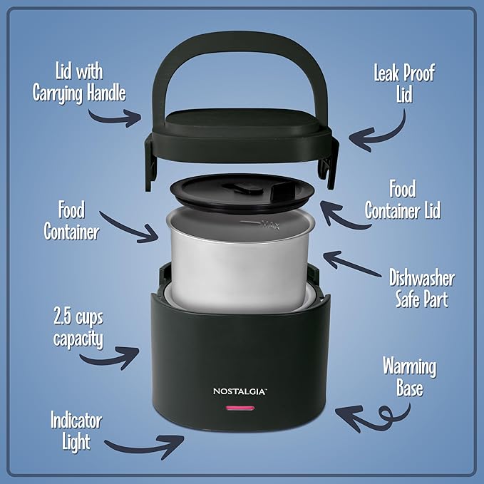 Nostalgia Portable 20-Ounce Electric Heated Lunch Box – Travel Size 2.5 Cup Capacity for Soup, Chili, and Leftovers – Leak Proof Silicone Sealed Lid, Foldable Carry Handle, Detachable Cord – Black