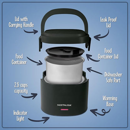 Nostalgia Portable 20-Ounce Electric Heated Lunch Box – Travel Size 2.5 Cup Capacity for Soup, Chili, and Leftovers – Leak Proof Silicone Sealed Lid, Foldable Carry Handle, Detachable Cord – Black