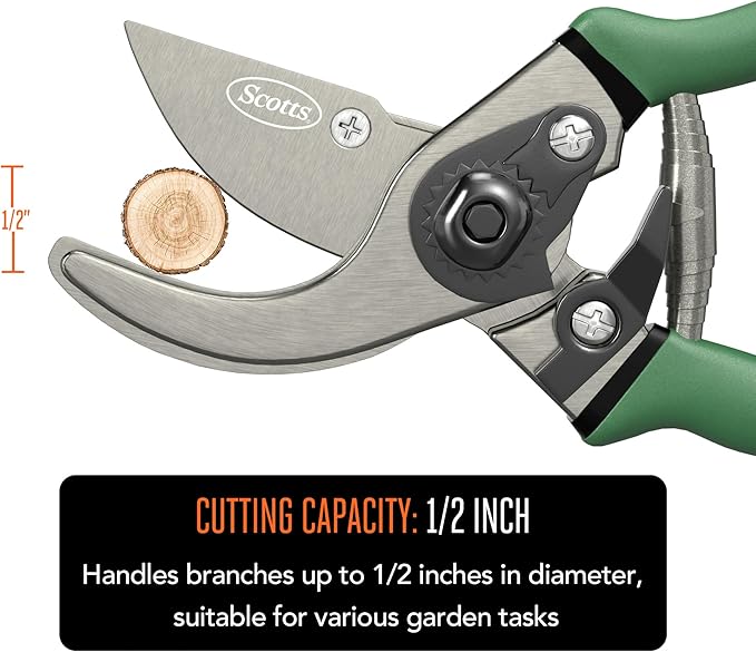 Scotts 8 in. Bypass Pruning Shears – 1/2 in. Cutting Capacity; Gardening Hand Pruner with Sharp Carbon Steel Blade and Non-Slip Grip – Lightweight Garden Tool for Live Plants and Soft Stems