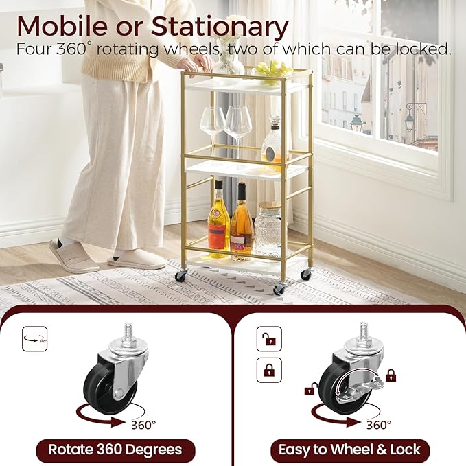Bar Cart for The Home, 3-Tier Drink Cart on Wheels, Home Bar Serving Cart, Mini Bar Cart for Small Space, Rolling Kichen Carts for Bar, Kitchen, Dining Room, Gold RCJW4001