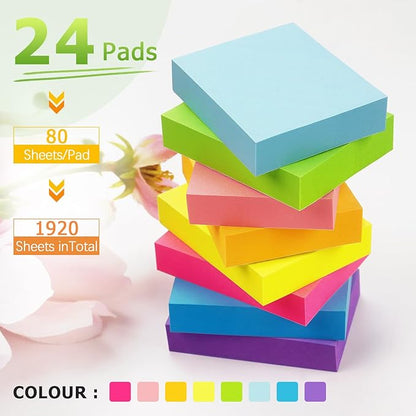 24 Pads Sticky Notes 1.5x2 inch Bright Colors Self-Stick Pads Total 1920 Sheets