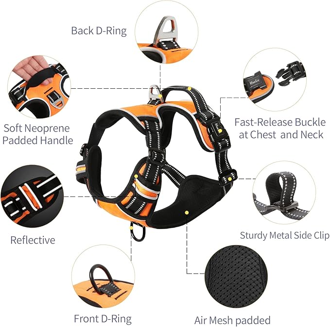 HEELE Dog Harness, No Pull Adjustable Padded Reflective Harness for Small Medium Large Dogs with Handle for Walking Training, Orange, XL