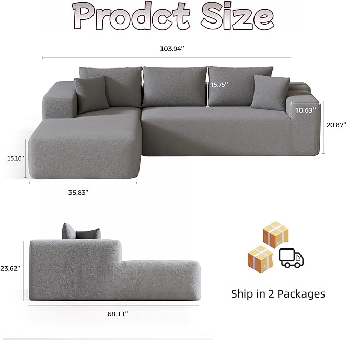 Cloud Sectional Couch, 104”L-Shape Oversized Sofa with Right Chaise Lounge, Modular Sleeper Couch with Pillows & Deep Seat, Rain Drop Velvet Fabric Compressed Sofa for Living Room, Light Gray