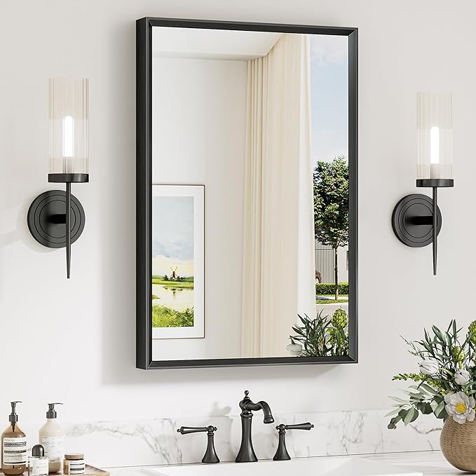 Keonjinn 20 x 30 Inch Black Bathroom Mirrors for Over Sink, Beveled Rectangle Framed Mirrors for Wall, Black Bathroom Vanity Mirror, Tempered Glass, Farmhouse Style, Hangs Horizontally or Vertically
