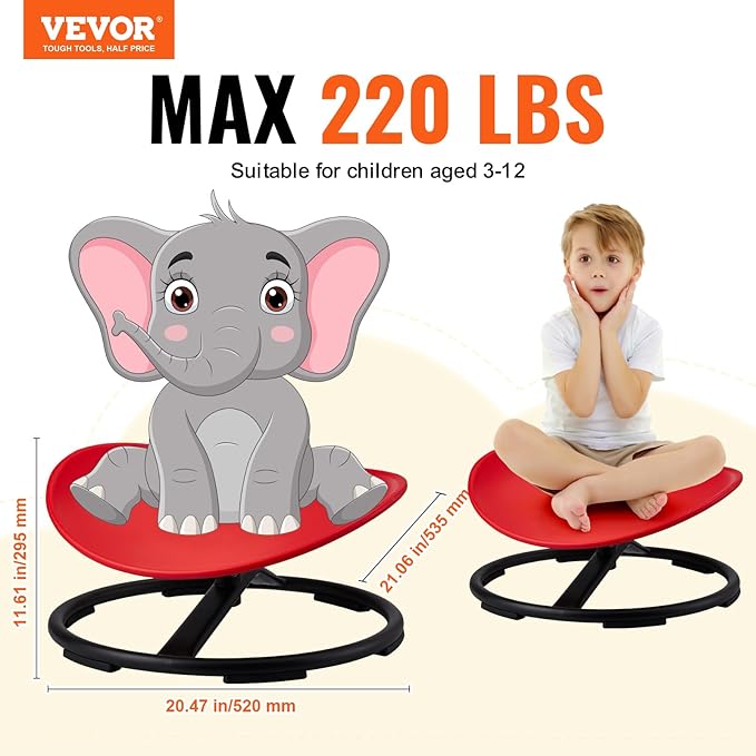 VEVOR Kids Swivel Chair, 220 LBS Capacity, Sensory Spinning Chair, Autistic Kids Sensory Toy Chair with Non-Slip Metal Base, Toddler Sit and Spin for Coordination Balance Focus Training Red
