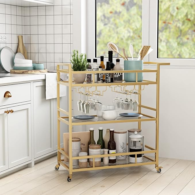 Gold Bar Carts with 3 Tier Glass Shelves, Rolling Serving Bar Cart with Wine Rack and Glass Holder, Home Bar Carts & Wine Carts on Wheels for Kitchen, Indoor & Outdoor