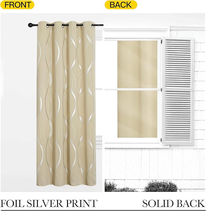 NICETOWN Room Darkening Curtains for Bedroom, Noise Reducing Thermal Insulated Wave Line Foil Print Design Blackout Curtains for Patio Sliding Glass Door (2 Panels, 42 x 84 Inch, Biscotti Beige)