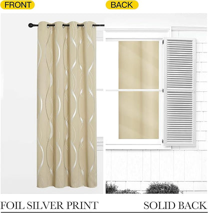 NICETOWN Room Darkening Curtains for Bedroom, Noise Reducing Thermal Insulated Wave Line Foil Print Design Blackout Curtains for Patio Sliding Glass Door (2 Panels, 42 x 84 Inch, Biscotti Beige)