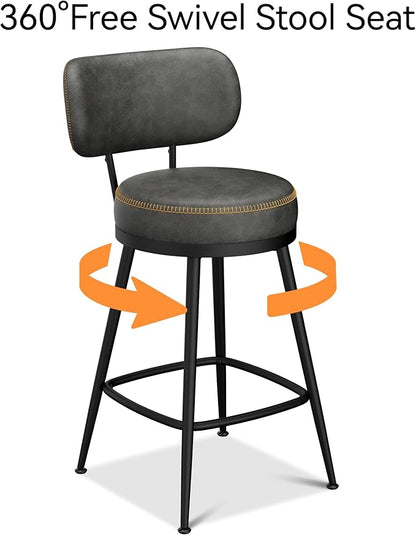 Counter Height Bar Stools, 26" H Swivel Barstools Set of 6, Faux Leather Kitchen Counter Stools with Back and Stylish Stitching, Metal Frame, Pub, Home Bar, Black Grey