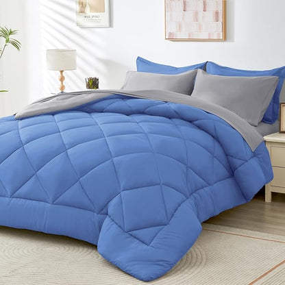 HEVUMYI Royal Blue & Light Grey Queen Comforter Set - 7-Piece All Season Bed in a Bag Queen, Ultra Soft Bedding Set with Comforter, Flat Sheet, Fitted Sheet, Pillowcases, Pillow Shams, Royal Blue