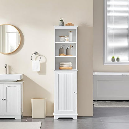 Yaheetech Tall Slim Storage Cabinet with 3 Shelves & Door, Freestanding Linen Cabinet for Bathroom, Living Room, Entryway, 16 x 12 x 60.5 Inches, White