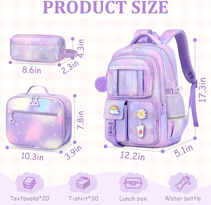 School Backpack for Girls - 5pcs Cute Girls Backpack with Lunch Box for Teens Kids Elementary Middle School - 17″ Students Bookbag Travel Back Pack for Age 6-18