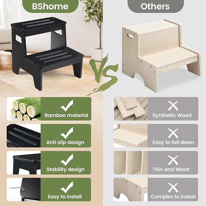Wooden Step Stools for Kids, Heavy Duty Bamboo 2-Step Stepping Stools for Toddlers, DIY Non-Slip Pads & Handles, for High Bed, Bathroom, Toilet, Kitchen, RV, Black