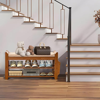 Shoe Storage Bench for Entryway, Bamboo Entryway Bench with Hidden Drawer and Side Brackets,2-Tier Shoe Rack Organizer for Entryway, Hallway,Bedroom and Bathroom