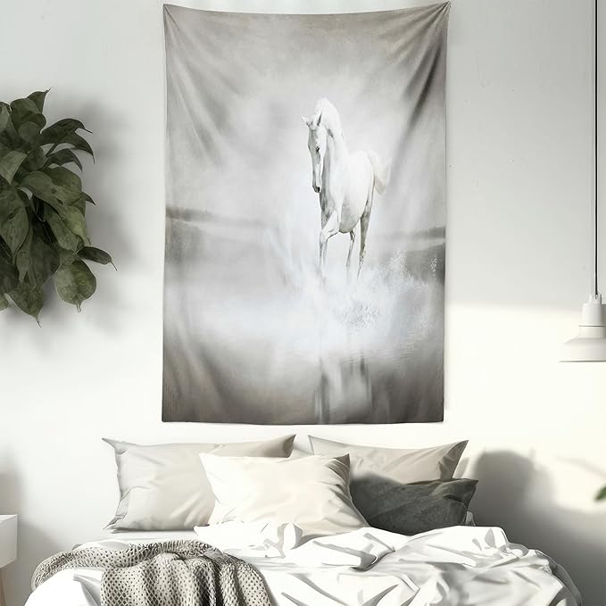 Ambesonne Horses Tapestry, Wild Horse Running Through Water Dramatic for the Motivation of Life Art, Fabric Wall Hanging Decor for Bedroom Living Room Dorm, 23" X 28", Black and White