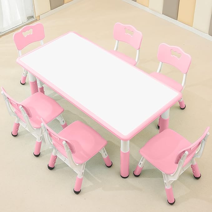 Children's Table and Chair Set Suitable for Boys and Girls Age 2-12 Height Adjustable Table top Can be Painted with 6 Seats Suitable for Family Learning Daily use (Pink)