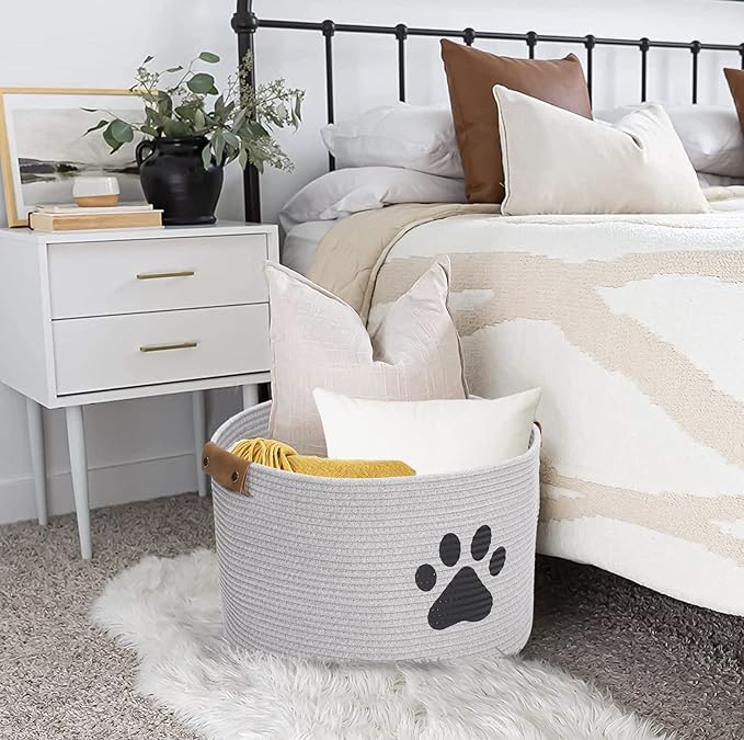 Geyecete Round Dog dog toy basket storage weave Rope Storage Basket Pet/Doy Toy Box Dog Storage Basket-Gray