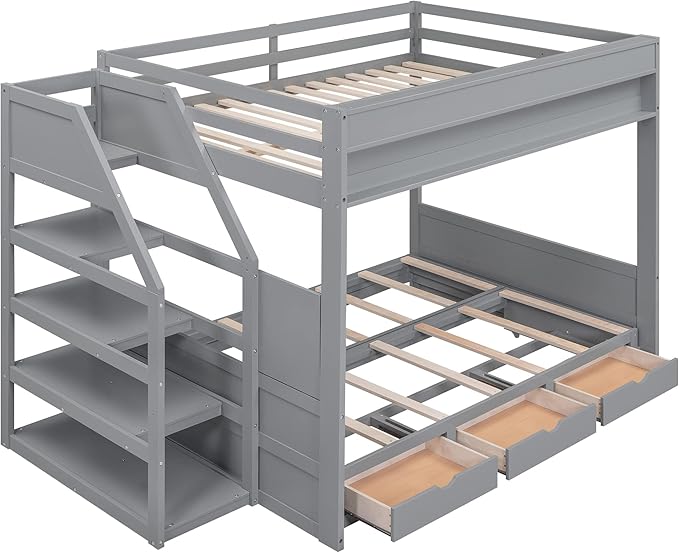 Full Size Wood Bunk Bed with Storage Staircase, Bedside Table, and 3 Drawers,Convertible Down BedFrame,No Box Spring Required,for Kids Boys Girls Teens, Gray