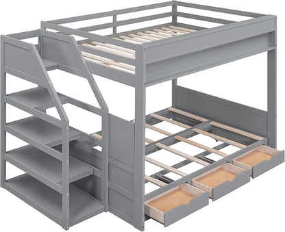Full Size Wood Bunk Bed with Storage Staircase, Bedside Table, and 3 Drawers,Convertible Down BedFrame,No Box Spring Required,for Kids Boys Girls Teens, Gray