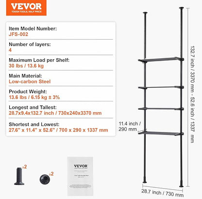 VEVOR Over Toilet Shelf, 4-Tier Adjustable AboveToilet Bathroom Storage, Low-Carbon Steel 53"-132" Tall Storage Shelf Rack, Easy Assembly Laundry Space Saver, for Small Rooms, Fit Most Toilets