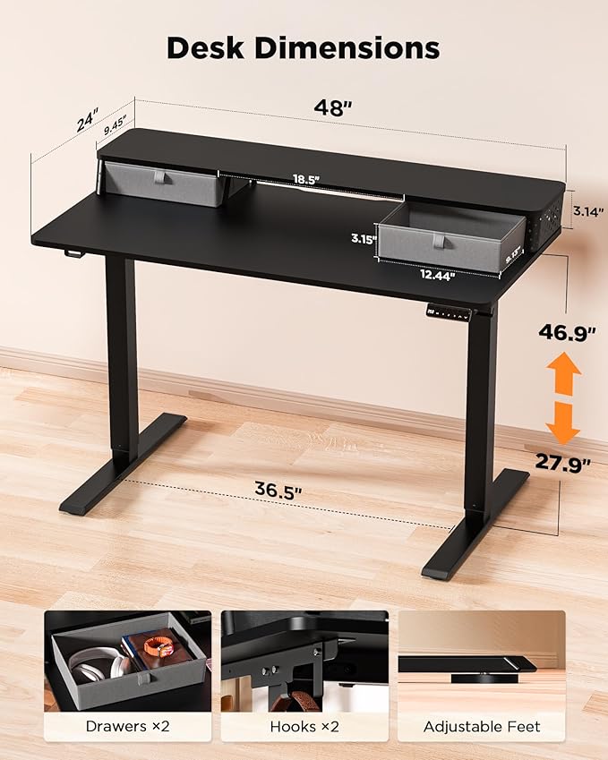 48x24 Inch Standing Desk with Double Drawers, C-Clamp Mount Compatible, Electric Adjustable Height Computer Stand Up Desks, Home Office Sit Stand Table with 3 Preset Heights & 2 Hooks, Black