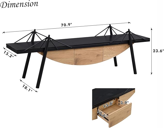 1 Tier Modern Boat-Shaped Bookshelf with Drawer, Black & Natural, 70.9" Long Horizontal Low Shelf for Storage Display Decoration, Sturdy MDF & Metal Industrial Frame, for Bedroom, Office