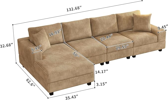 Eafurn 132.68" Oversized L Shaped Modular Sectional Sofa Couch with Reversible Chaise Lounge Daybed, Modern Corduroy Upholstered Corner Lounge Couch with Thick Cushions and Headrest