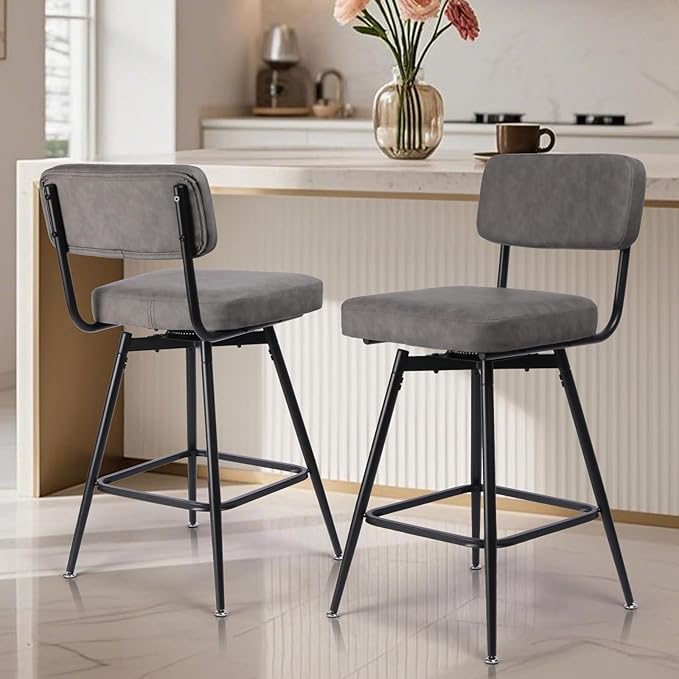 Swivel Counter Height Bar Stools Set of 2, Faux Leather Bar Stools with Back, Metal Legs and Footrest, 26" Seat Height Barstools for Kitchen Islands and Home Bars, Easy Assembly, Grey&Black