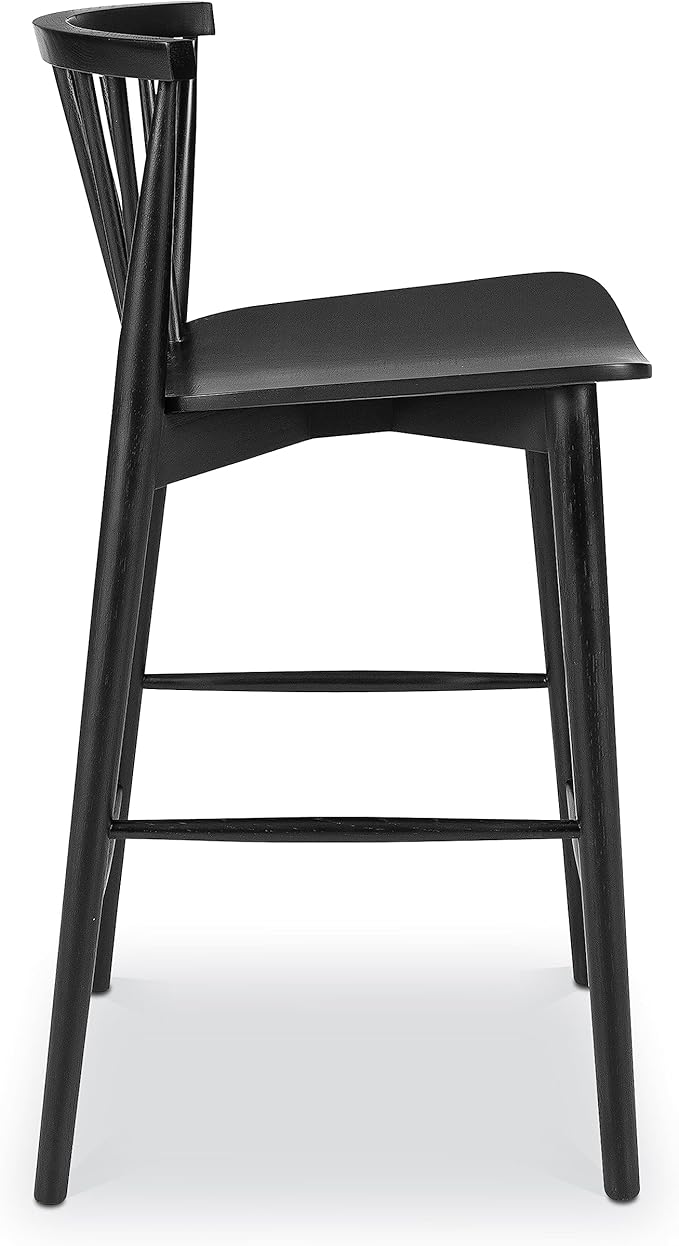 POLY & BARK Ligna Counter Stool Black – Mid-Century Inspired Stool with Sculpted Spindle Back – Solid American Oak Frame and Engineered Wood Veneered Seat – Fully Assembled and Ready to Use