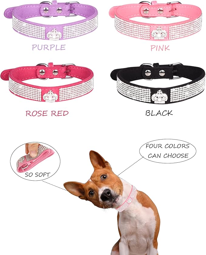 Dog Collar for Small Dogs, Adjustable Leather Suede Bling Dog Collars，Pink Dog Collar Cat Collar, Rhinestone Dog Collar (S, pink3)