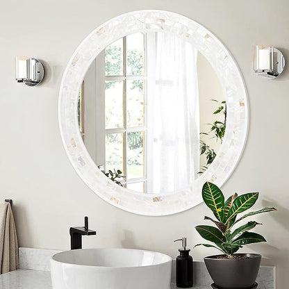 Tanmicoshomy Round Wall Mirror 28 Inch,Circle Mosaic Mirror with Natural Shell and Wood Frame, Decorative Coastal Round Wall Mirror for Bathroom Bedroom Living Room Entrayway