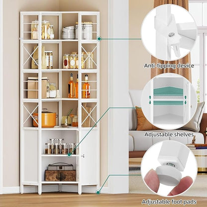 YITAHOME Corner Shelf with Door, 7-Tier Tall Bookshelf, Bookcase Cabinet with Shelves Freestanding Storage Stand for Living Room, Kitchen, White