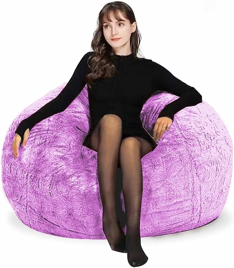 Bean Bag Chair Cover for Adults Kids Comfy Fluffy Oversized Round Beanbag Chair Lazy Sofa Cover for Reading Chair Floor Chair, 3.5FT, Purple