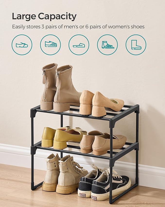 SONGMICS Shoe Rack, 2-Tier Shoe Organizer, Metal Storage Shelf, Upright or Upside Down, for 3-6 Pairs, Stackable, for Entryway, 11.8 x 16.7 x 14.8 Inches, Black ULSA002B01