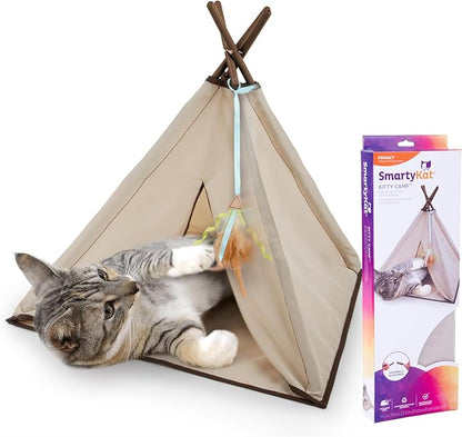 SmartyKat Kitty Camp Crinkle Cat Tent Hideaway, Collapsible Tent with Detachable Feather Toy for Privacy & Play for Cats & Kittens, Beige, One Size