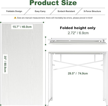 Small Folding Desk 35 inch, No Assembly Required Narrow Office Desk, Writing Gaming Computer Camping Table, White