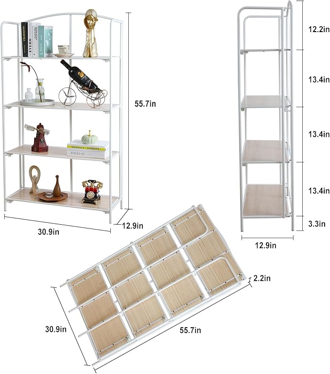 Crofy No Assembly Folding Bookshelf for Living Room, 4 Tier White Collapsible Book Shelf for Home Office, Portable Bookcase Storage Organizer