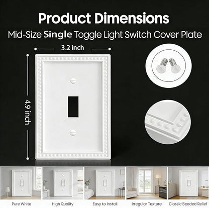 20 Pack Mid-Size Toggle Light Switch Wall Plates 1-Gang Switch Electrical Cover Plate Unbreakable Thermoplastic Faceplate, Classic Beaded Relief Design, White